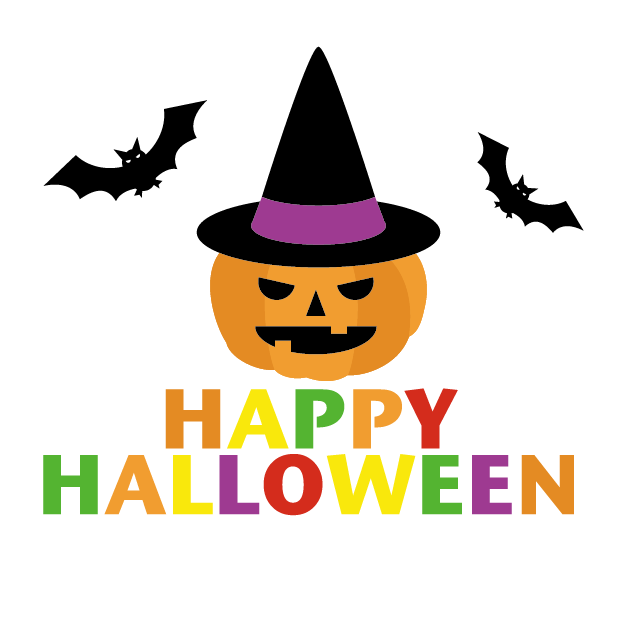 ハッピーハロウィンのジャックオーランタンと蝙蝠のイラスト